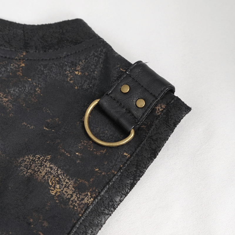Close-up of black punk tank top featuring metallic buckle and lace texture detail, emphasizing stylish rebellion.