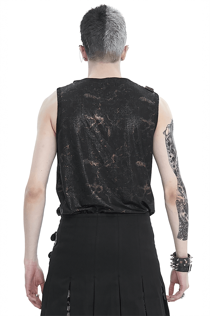 Back view of a men's punk big-pocket buckle tank top with lace-up side detailing, showcasing rebellious style.