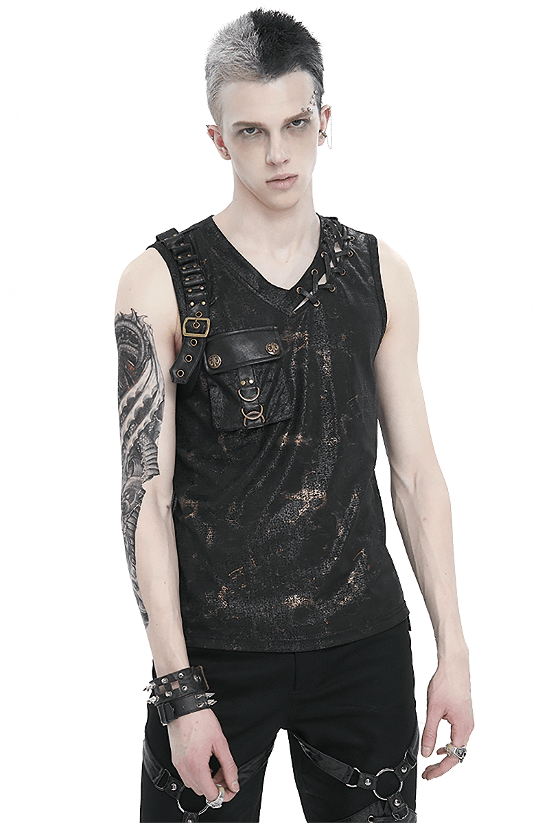 Men's punk big-pocket buckle tank top with lace-up side, edgy V-neck, and utility pocket, perfect for rebellious style.