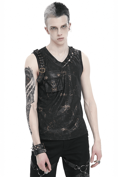 Débardeur à boucle à grande poche punk pour hommes / débardeur à col en V de style punk avec côté à lacets