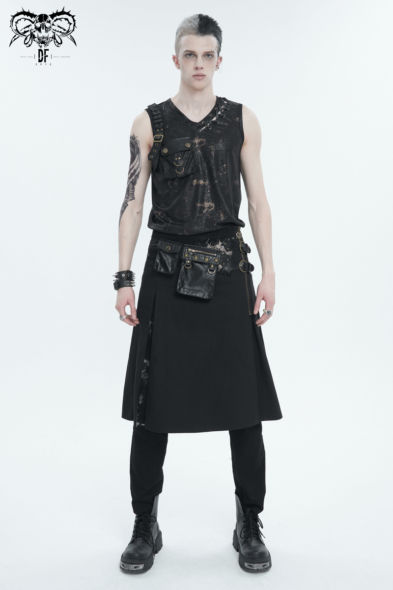 Men's punk style tank top with big pocket, lace-up side, and edgy accessories, perfect for bold fashion statements.