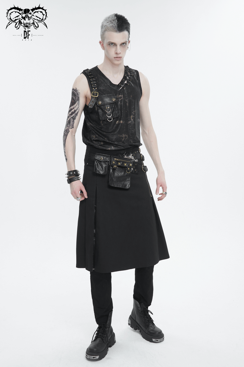Men's punk style tank top with big pocket and buckle, featuring a bold V-neck and lace-up details, exuding edgy rebellion.