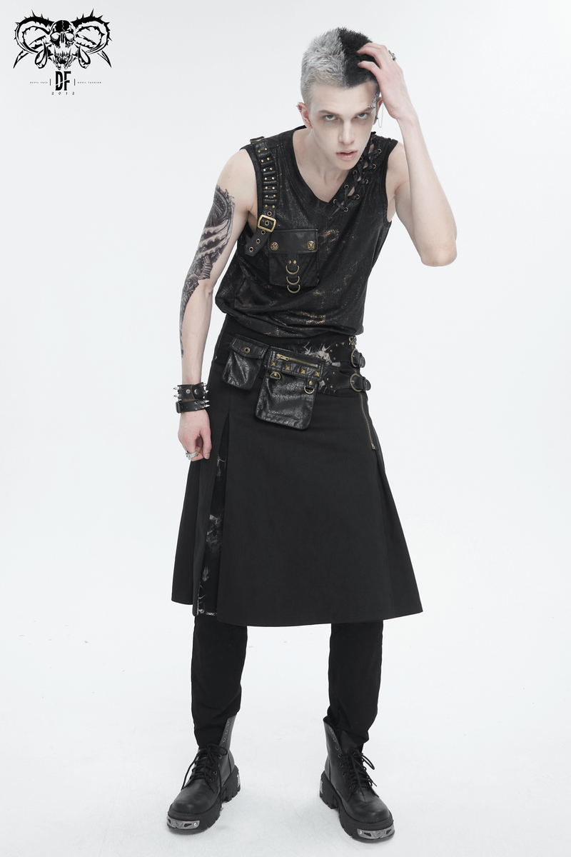 Men's Punk Big-pocket Buckle Tank Top / Punk Style V-neck Tank with Lace-Up Side - HARD'N'HEAVY