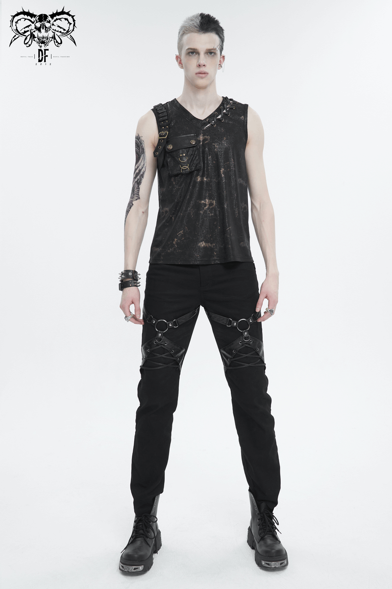 Men's punk big-pocket buckle tank top with side lace-up detail, showcasing a bold v-neck and edgy style.