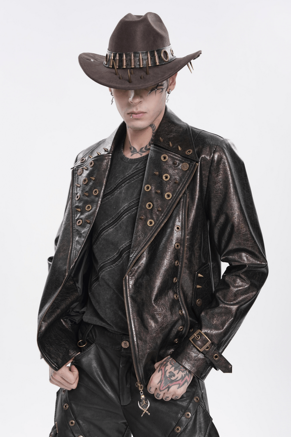 Veste de motard punk pour hommes avec clous et garniture à fermeture éclair