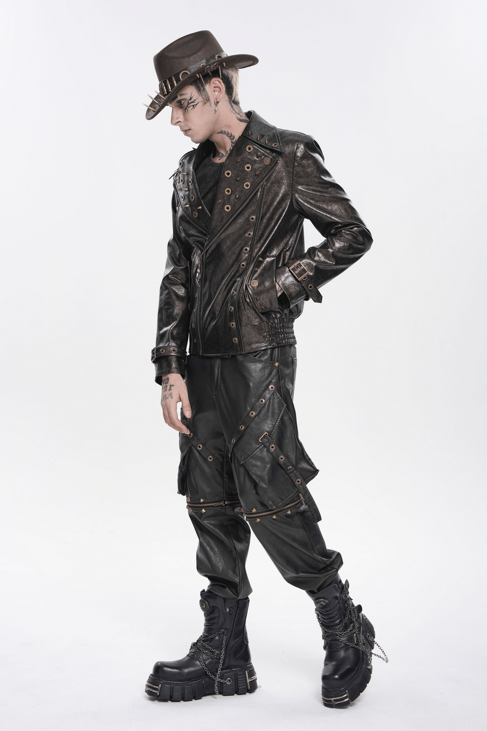 Veste de motard punk pour hommes avec clous et garniture à fermeture éclair