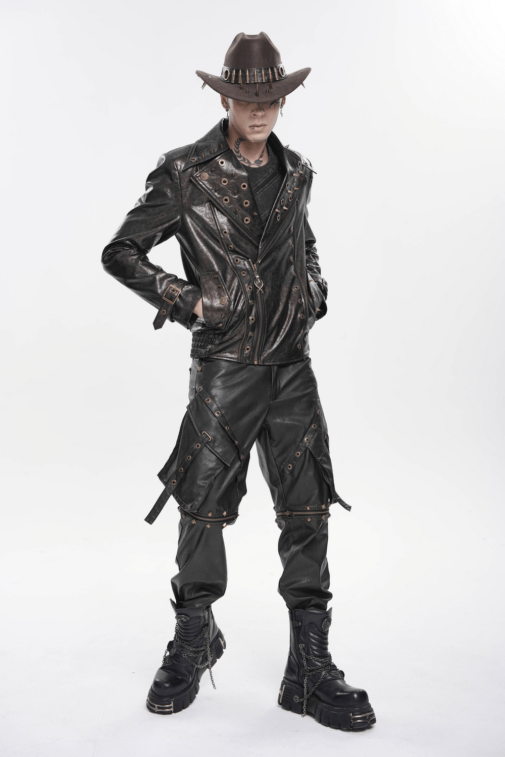 Veste de motard punk pour hommes avec clous et garniture à fermeture éclair