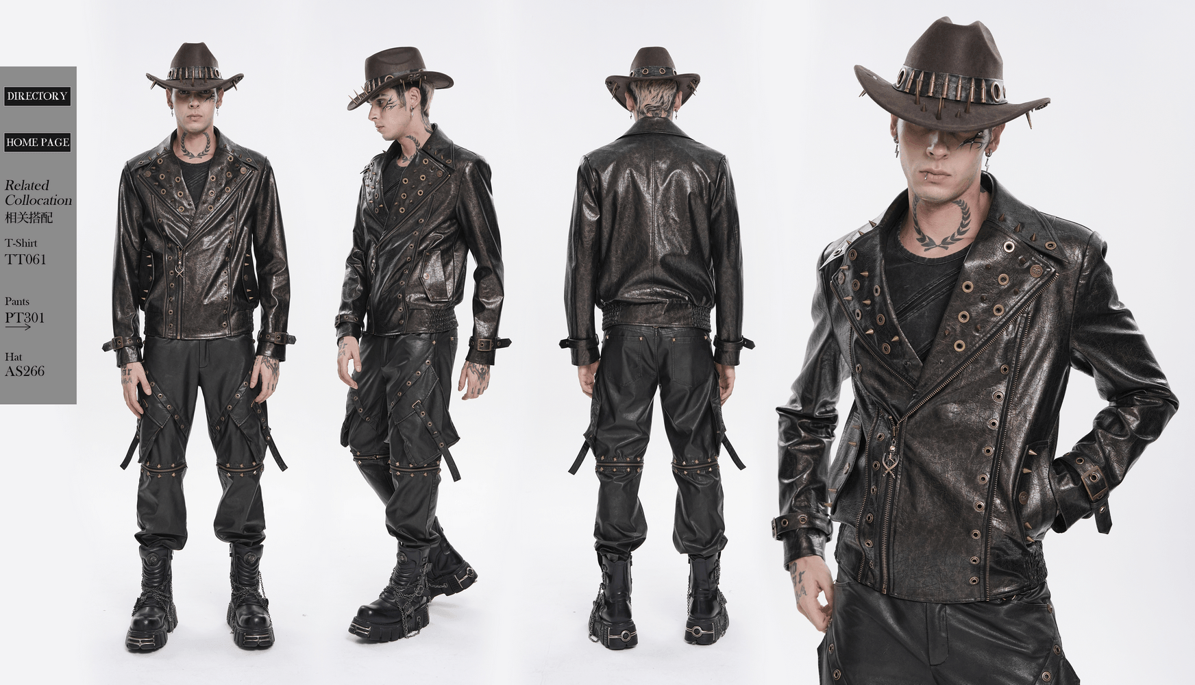 Veste de motard punk pour hommes avec clous et garniture à fermeture éclair