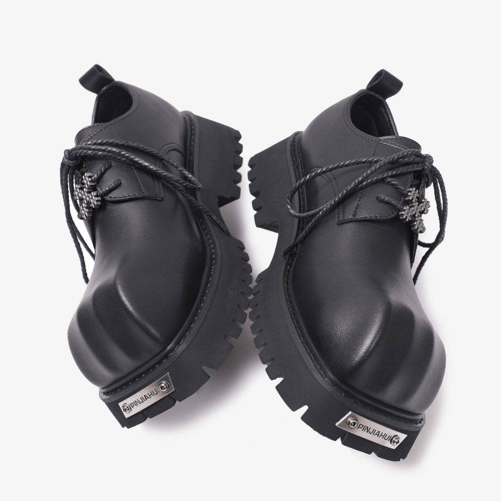 Men's Punk Black Lace-Up Derby Shoes with Lug Soles, black gothic chunky oxfords with metal accents and braided laces