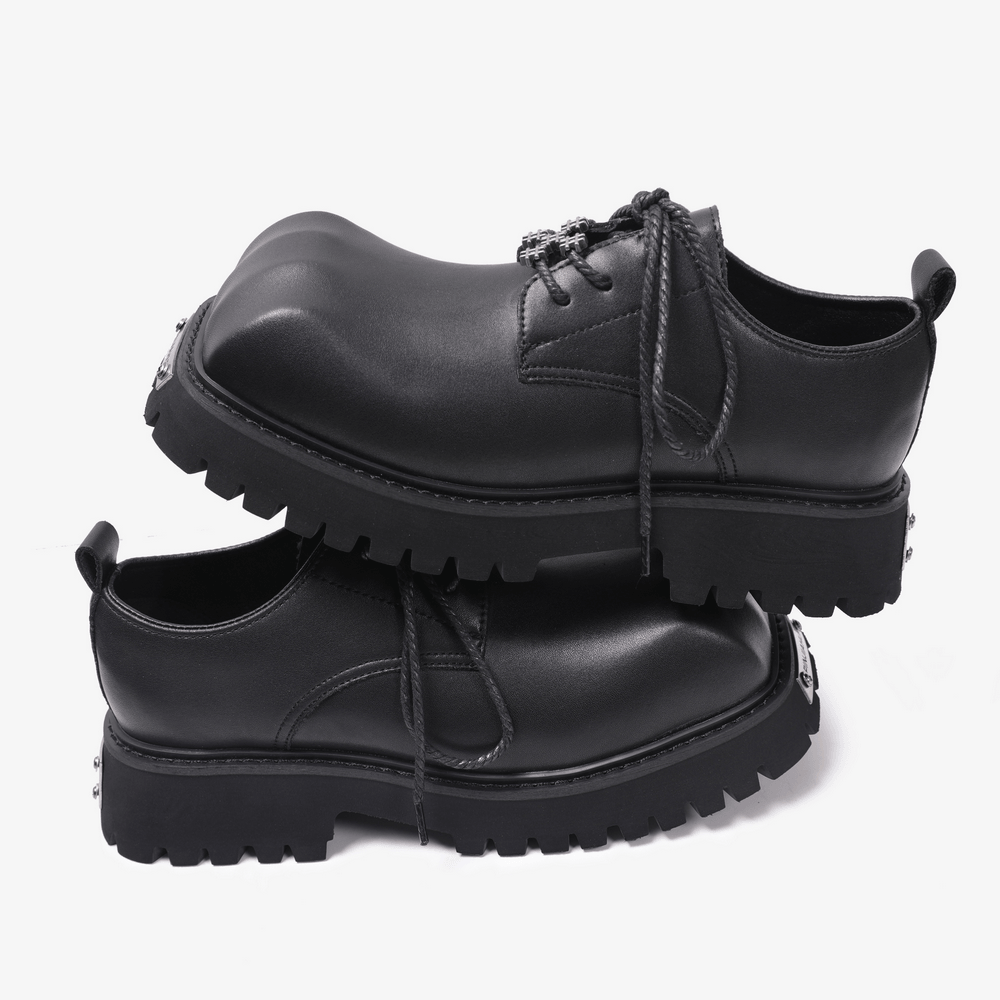 Men's Punk Black Lace-Up Derby Shoes with Lug Soles, black gothic platform oxfords with metal accents and chunky treads