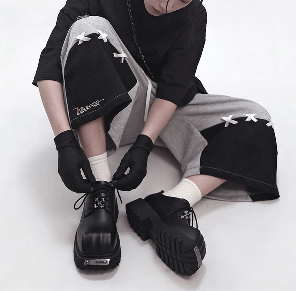 Men's Punk Black Lace-Up Derby Shoes with Lug Soles, black gothic chunky oxfords with metal accents and rugged platform treads
