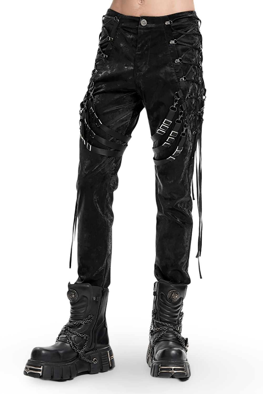 Men's punk black trousers with straps, buckles, and lace-up sides for a bold streetwear look. Perfect for concerts!