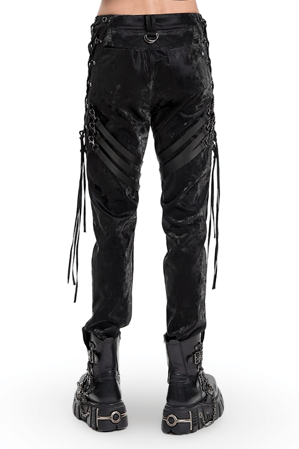 Black men's punk trousers featuring adjustable straps and lace-up details for a bold streetwear look.