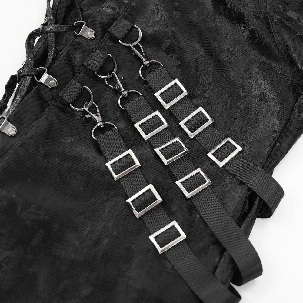 Close-up of adjustable straps and metallic buckles on Men's Punk Black Trousers, showcasing edgy streetwear detail.