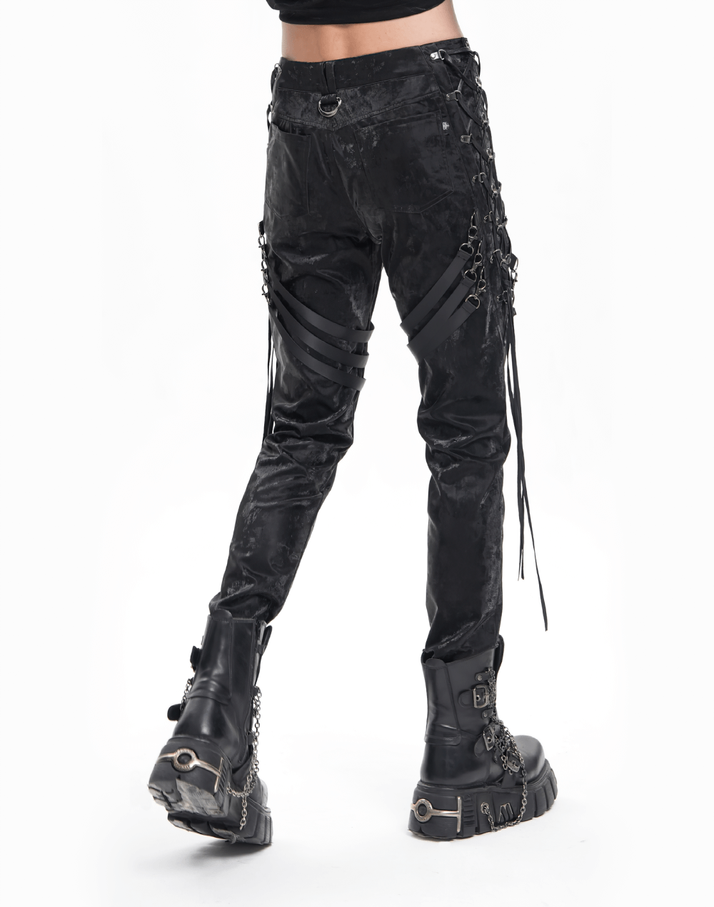 Men's punk black trousers with straps and buckles, showcasing a rebellious streetwear style and lace-up details.