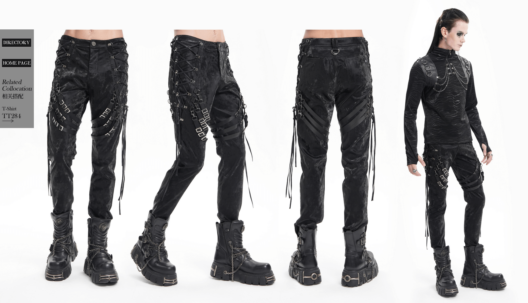 Men's punk black trousers with straps and buckles, showcasing a slim fit and edgy streetwear style. Perfect for alternative fashion.