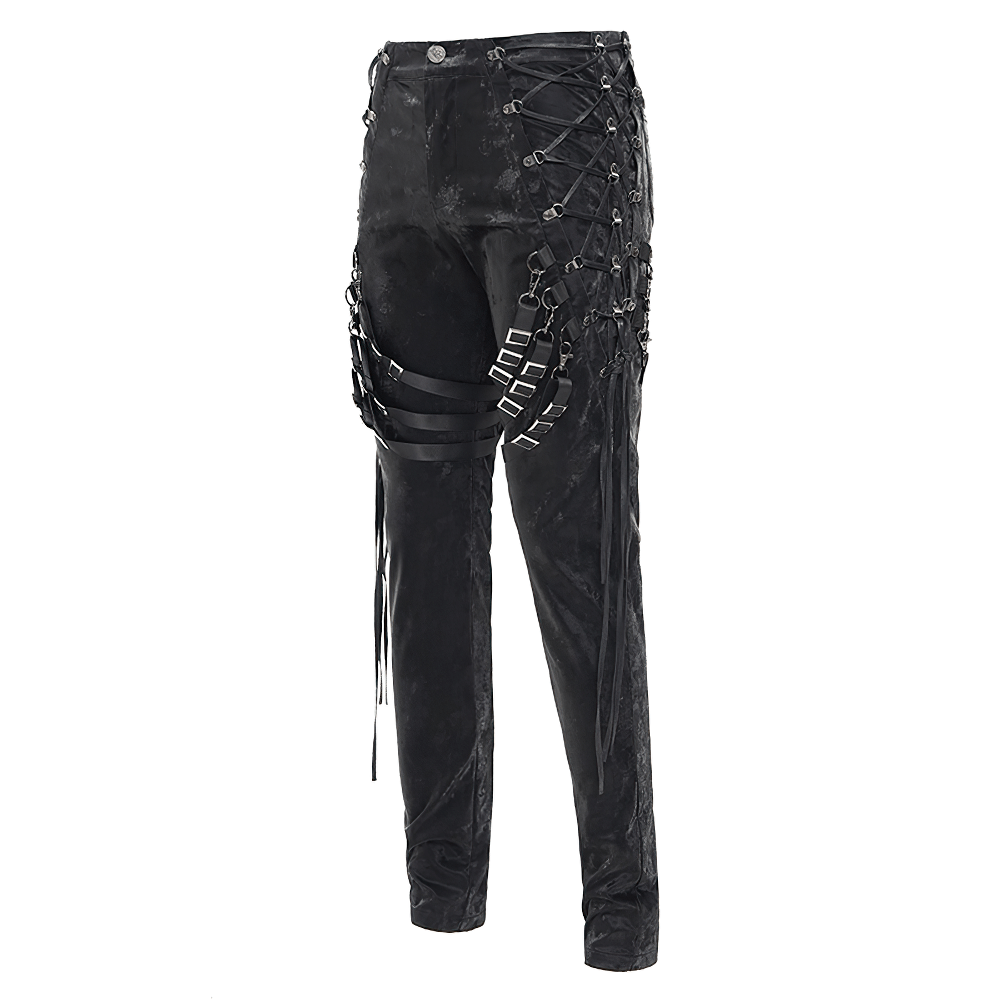 Men's punk black trousers with straps and buckles, featuring lace-up sides for a bold streetwear style.