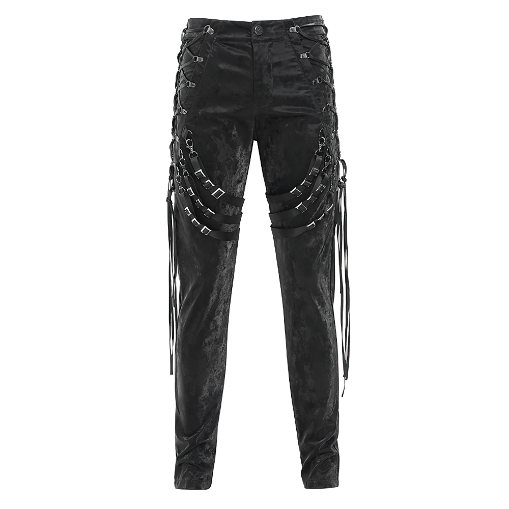 Men's black punk trousers with straps and buckles, perfect for an edgy, alternative fashion style.