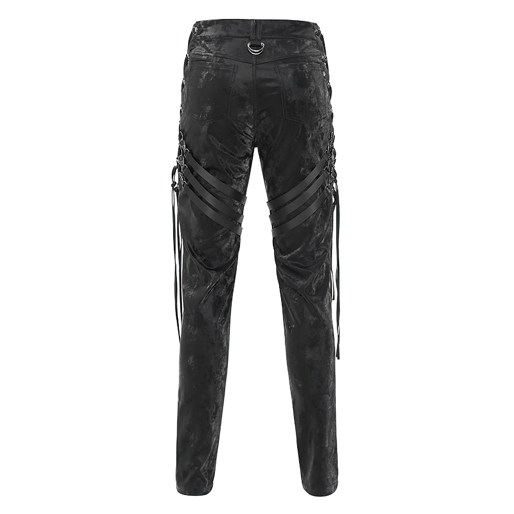 Men's black punk trousers featuring adjustable straps and lace-up sides for a bold streetwear look.