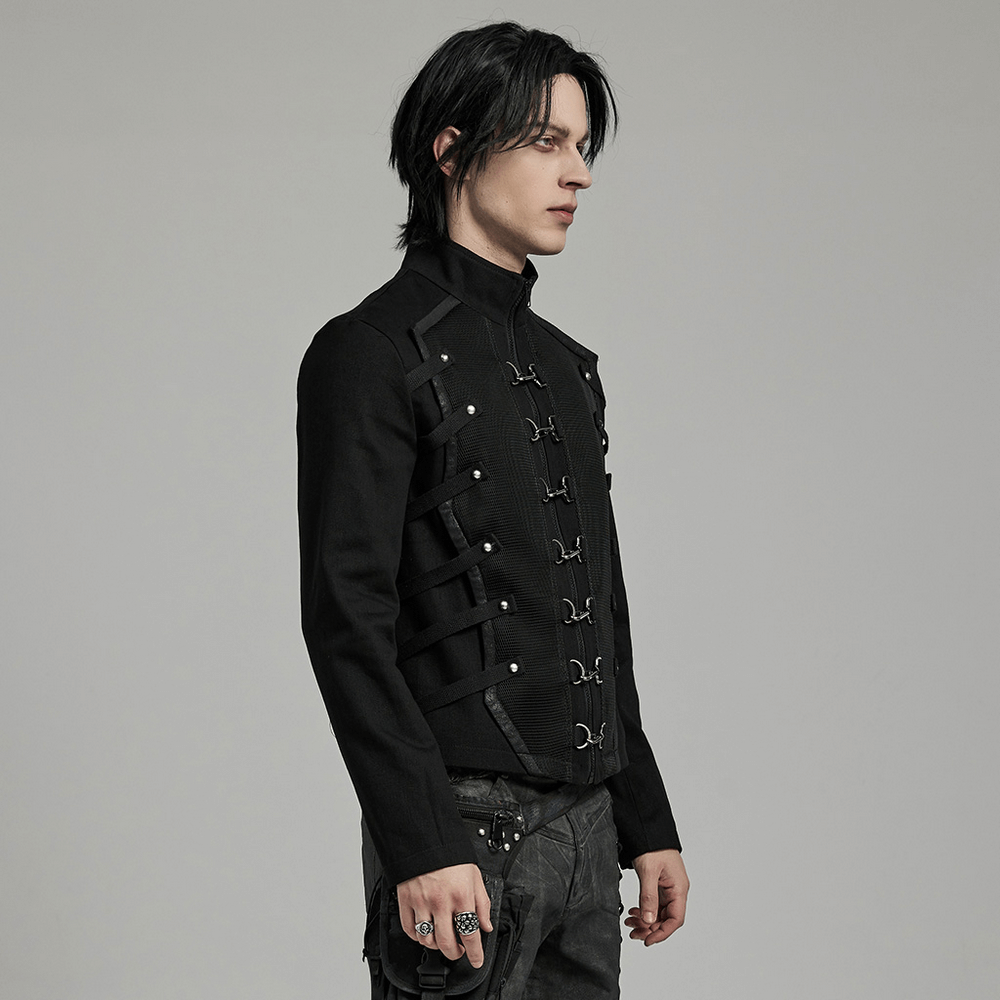 Men's Punk Buckles and Straps Black Layered Jacket