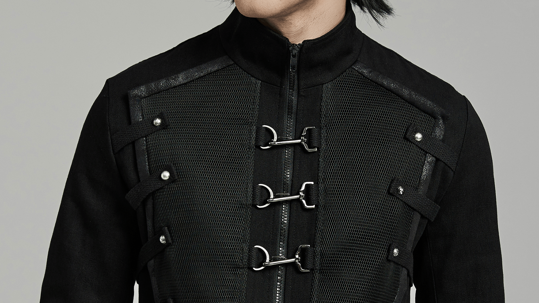 Men's Punk Buckles and Straps Black Layered Jacket