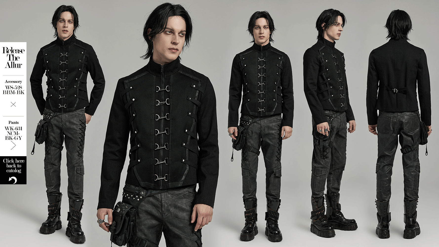 Men's Punk Buckles and Straps Black Layered Jacket