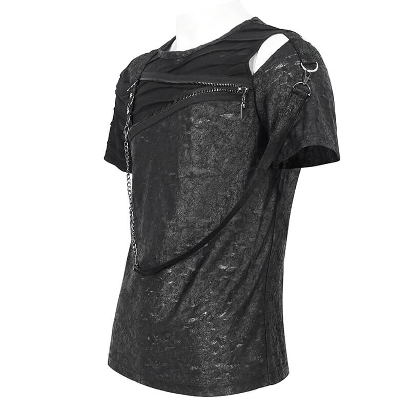 Men's punk cutout zipper strap black t-shirt with asymmetrical hem and bold design for an edgy style.
