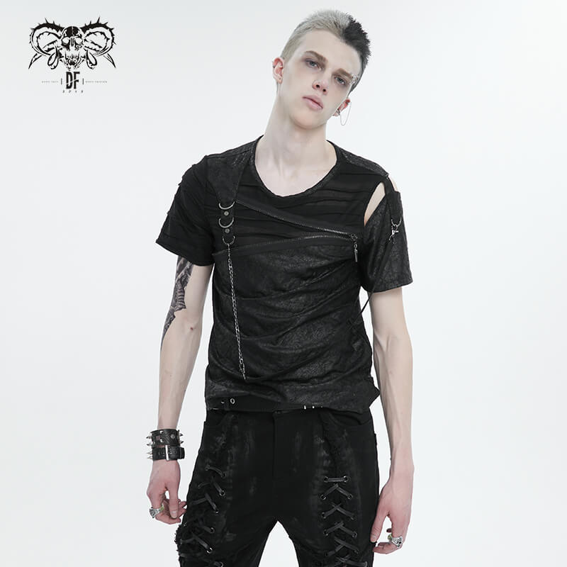 Men's black punk cutout t-shirt with zipper straps and asymmetrical design, showcasing edgy style and rebellious fashion.