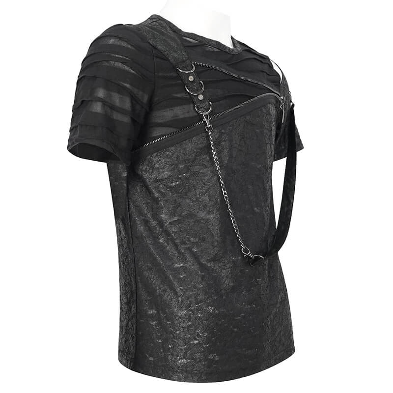 Men's punk cutout zipper strap t-shirt with asymmetrical hem and edgy black design, perfect for a rebellious fashion statement.