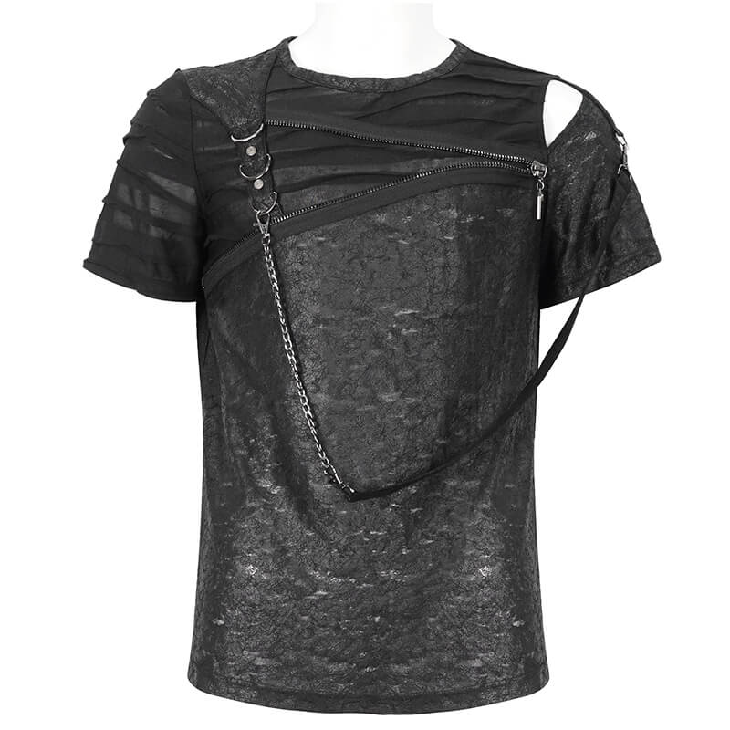 Men's punk cutout zipper strap t-shirt in black with asymmetrical design and edgy detailing.