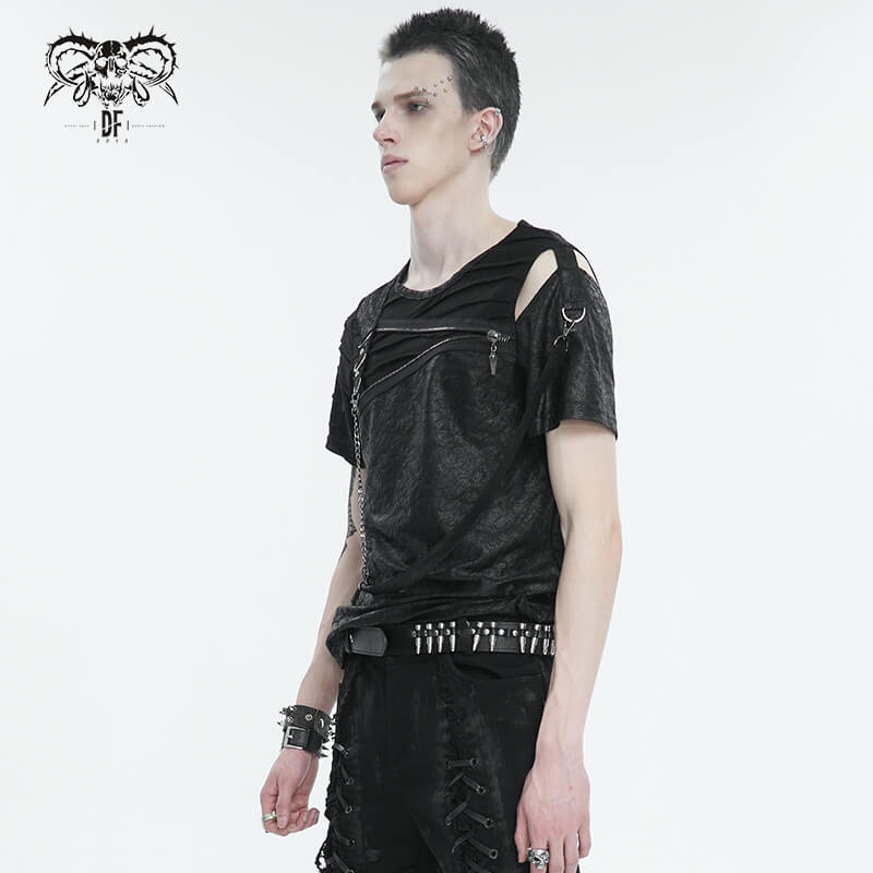 Men's punk cutout zipper strap t-shirt featuring edgy design and asymmetrical fit, perfect for rebellious fashion.