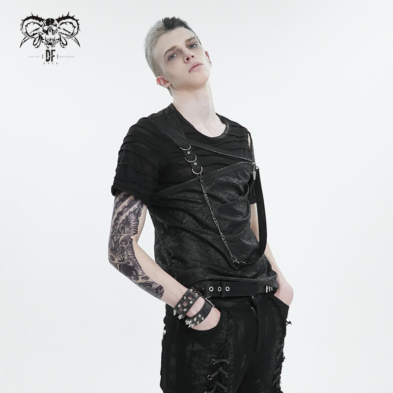 Men's punk cutout zipper strap t-shirt, showcasing a rebellious black style with edgy details and asymmetrical design.