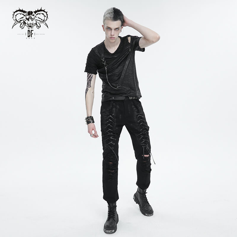 Men's Punk Cutout Zipper Strap T-Shirt / Fashion Black Round Neck Asymmetrical T-Shirt - HARD'N'HEAVY