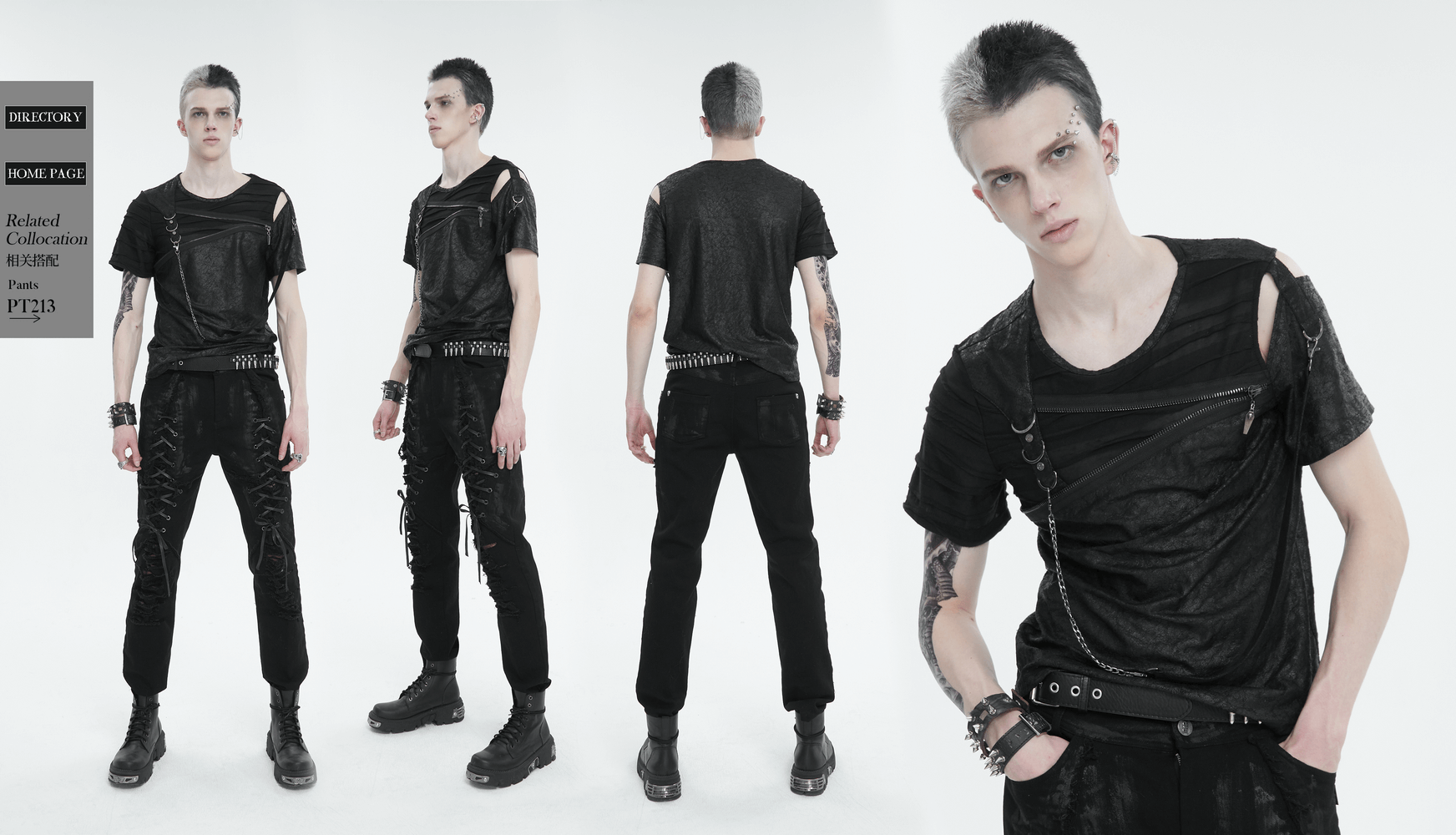 Men's punk cutout zipper strap t-shirt with asymmetrical hem, showcasing edgy fashion vibes.