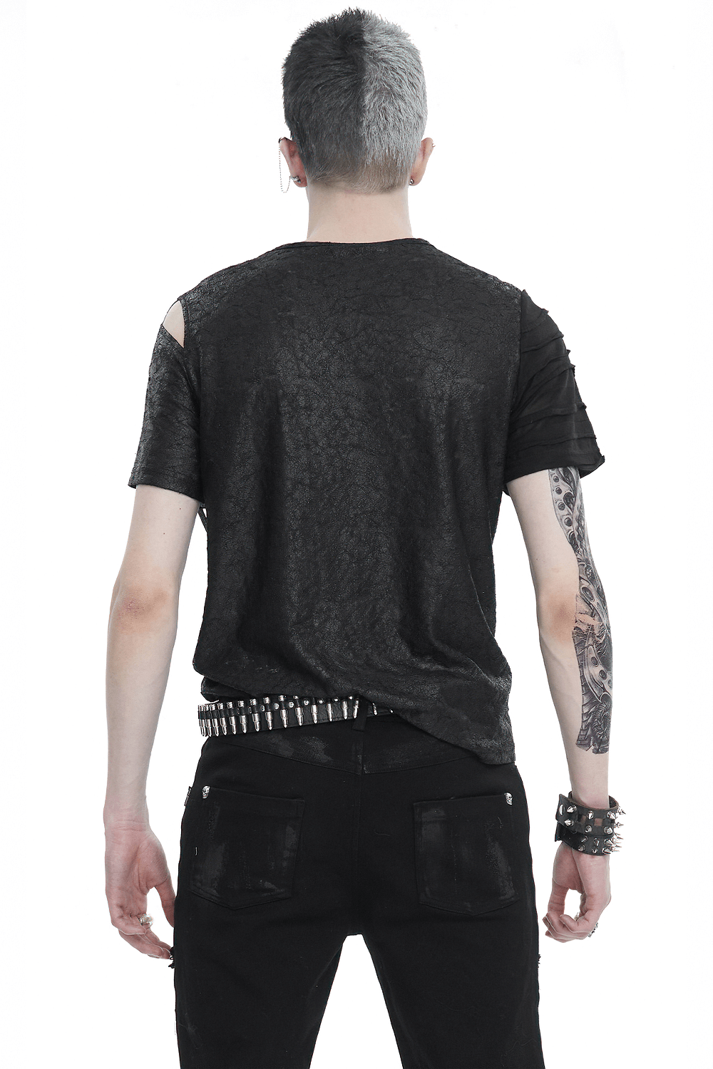 Men's punk cutout black t-shirt with zipper detailing and asymmetrical style, showcasing a rebellious fashion statement.