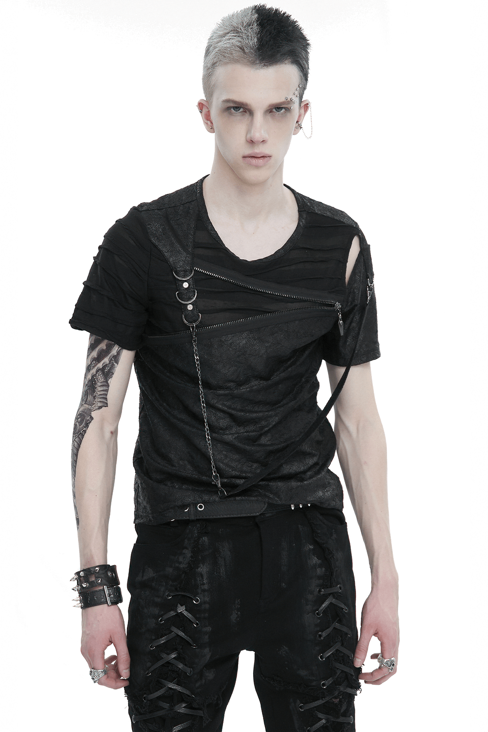 Men's punk cutout zipper strap t-shirt featuring bold design and edgy look, showcasing unique style and rebellious fashion.