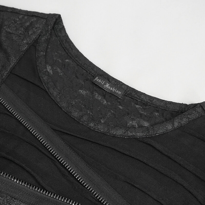 Close-up of men's punk cutout zipper t-shirt showing black round neck and stylish zipper detail.