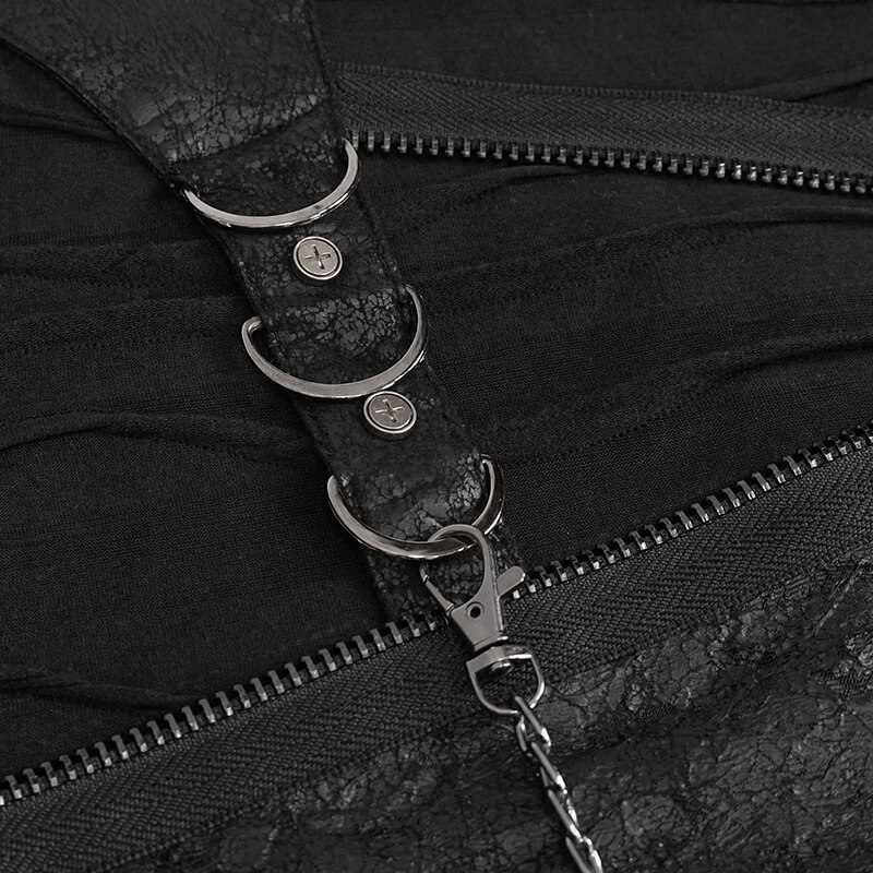 Close-up of black punk t-shirt featuring edgy cutout design and zipper strap detailing for a bold look.