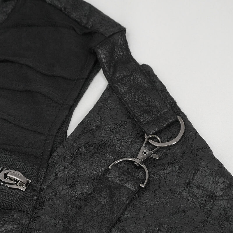 Close-up of black cutout zipper strap detailing on men's punk t-shirt, showcasing edgy design elements.