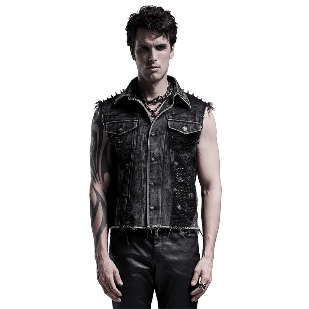 Men's punk denim vest featuring rivets and patches, showcasing a rebel style with a bold, edgy look.