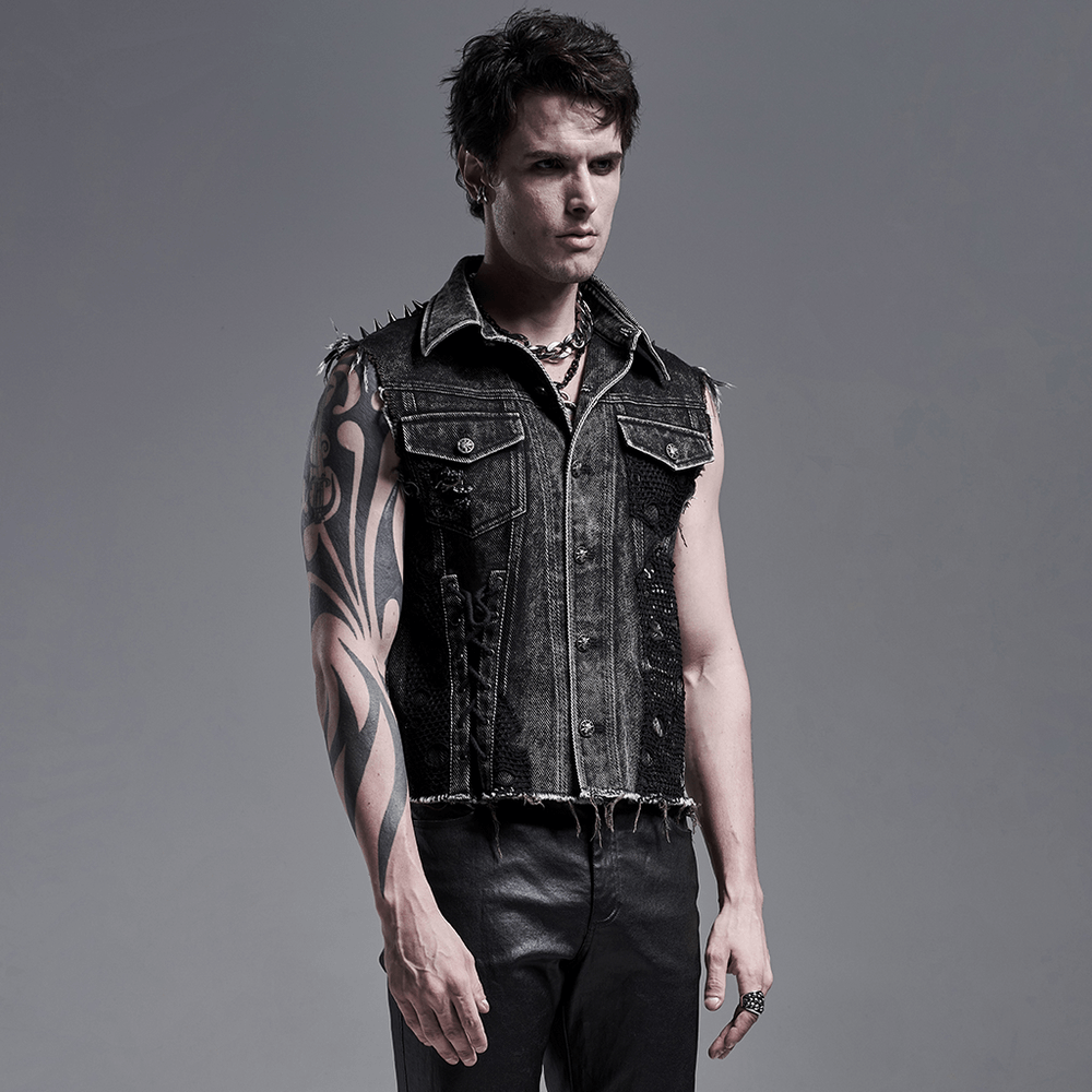 Men's punk denim vest with rivets and patches, showcasing a rebellious street style look.