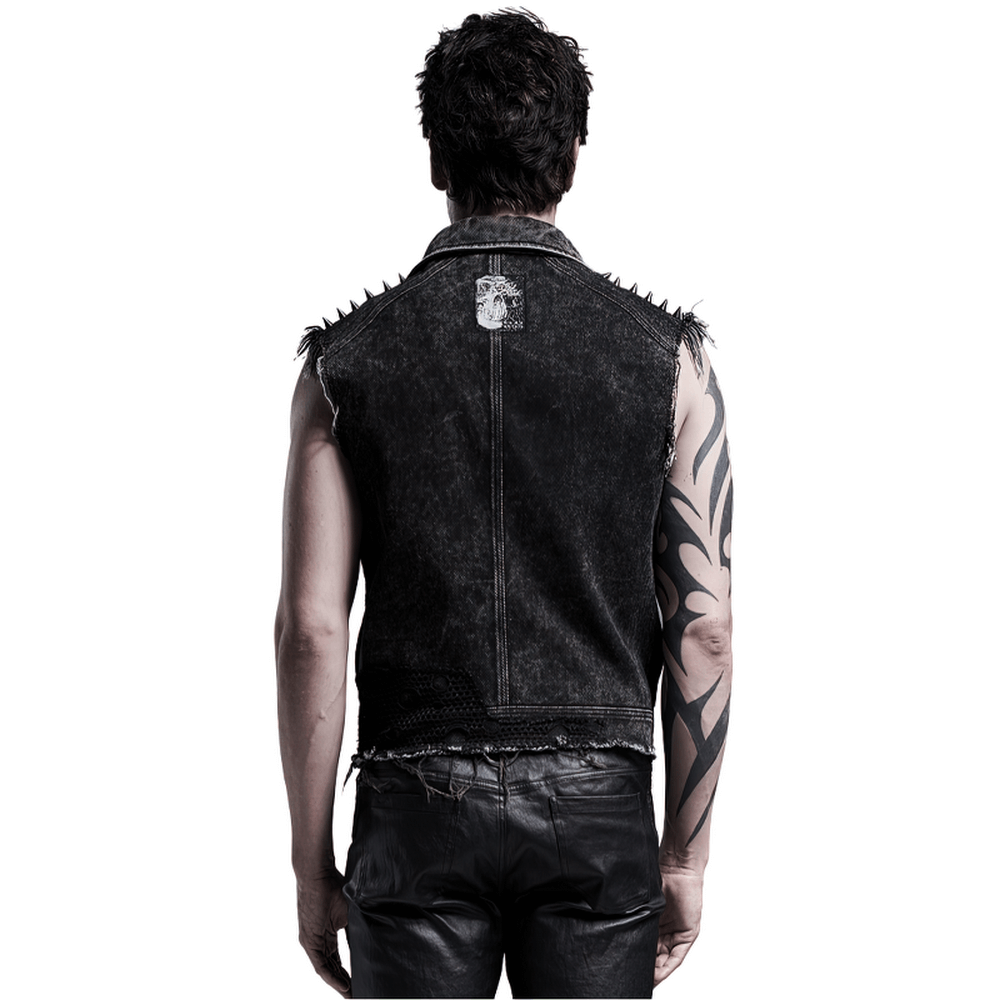 Men's punk denim vest with rivets and patches, showcasing a rebellious style from the back.