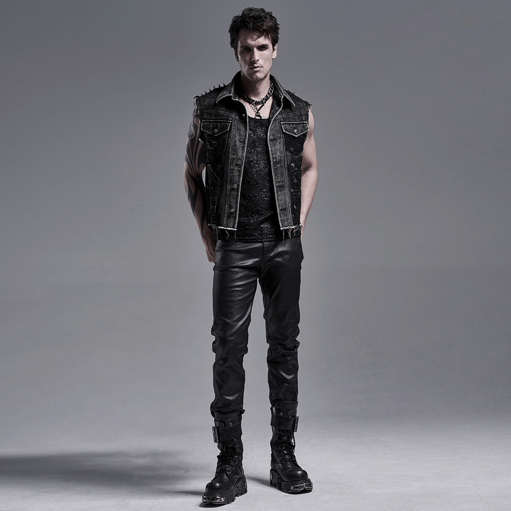 Men's Punk Denim Vest with Rivets and Patches - HARD'N'HEAVY