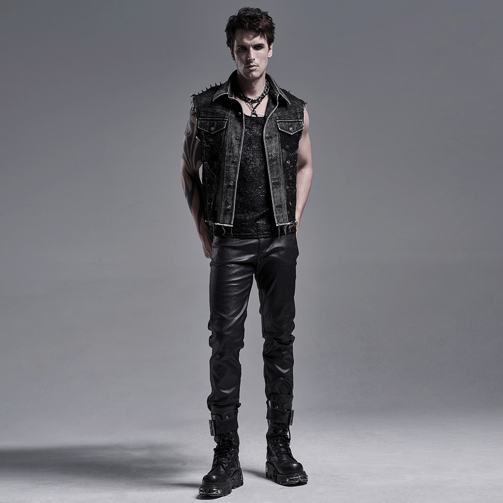 Men's punk denim vest with rivets, exuding rebellious street style in a cool design.
