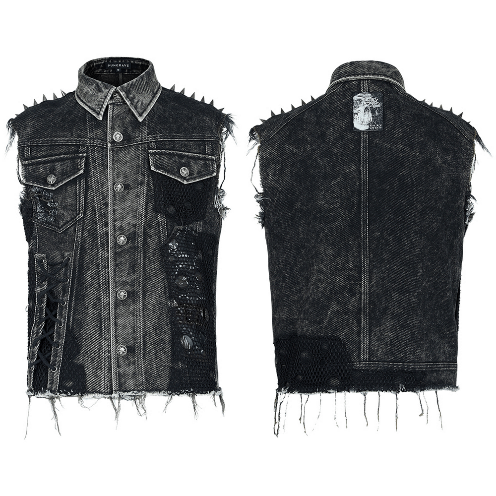 Men's punk denim vest with rivets and patches, featuring a distressed look and edgy design, perfect for rebellious style.