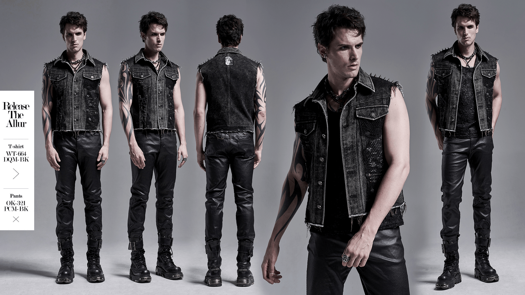 Men's punk denim vest with rivets and patches, styled with edgy leather pants for a rebellious look.