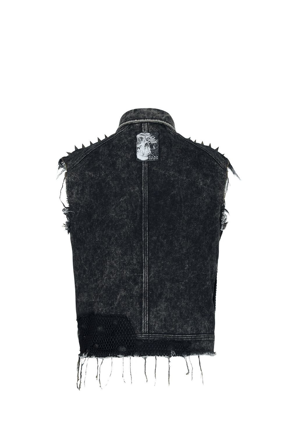 Men's punk denim vest featuring spikes and a rugged, distressed back design perfect for rebel fashion.