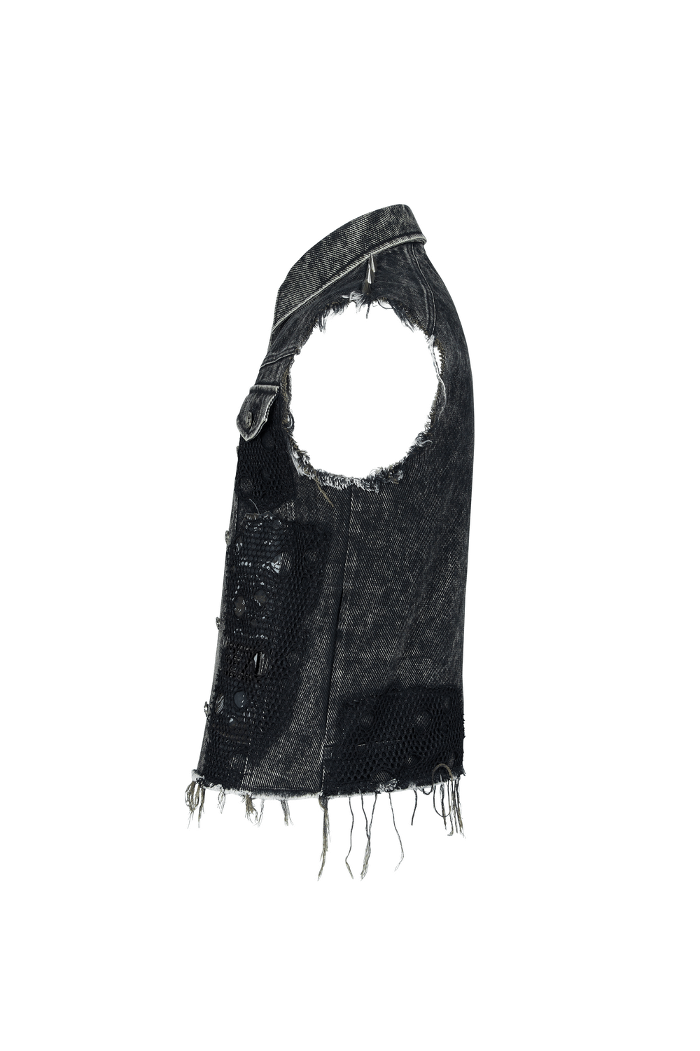Men's punk denim vest with rivets and patches, showcasing a distressed look and bold street-style attitude.