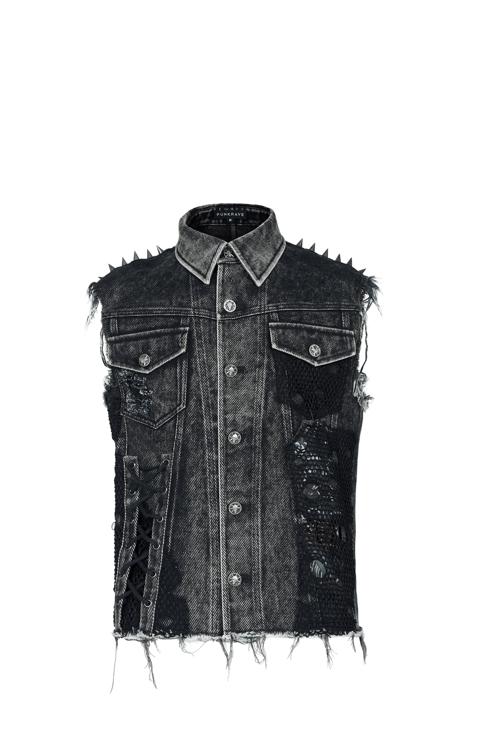 Men's punk denim vest with rivets and patches, showcasing edgy style and washed-out finish.