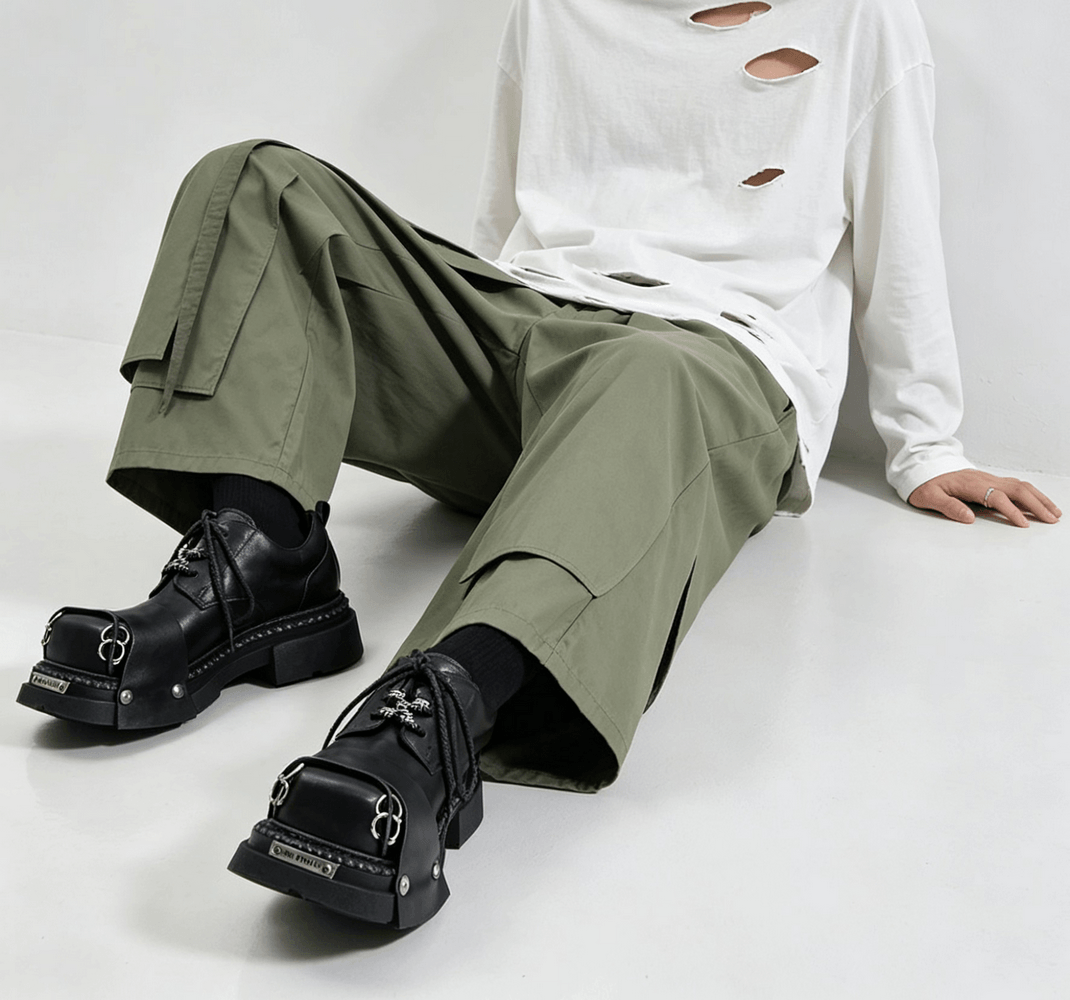 Men's Punk Derby Shoes with Metal Ring Toe Detail, black industrial lace-ups with lug sole and rings
